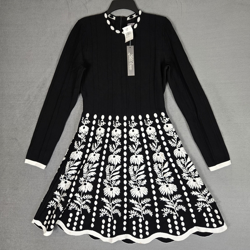 Lela Rose Fit and Flare Midi Dress Women Medium Black White Embroidered Knit NWT